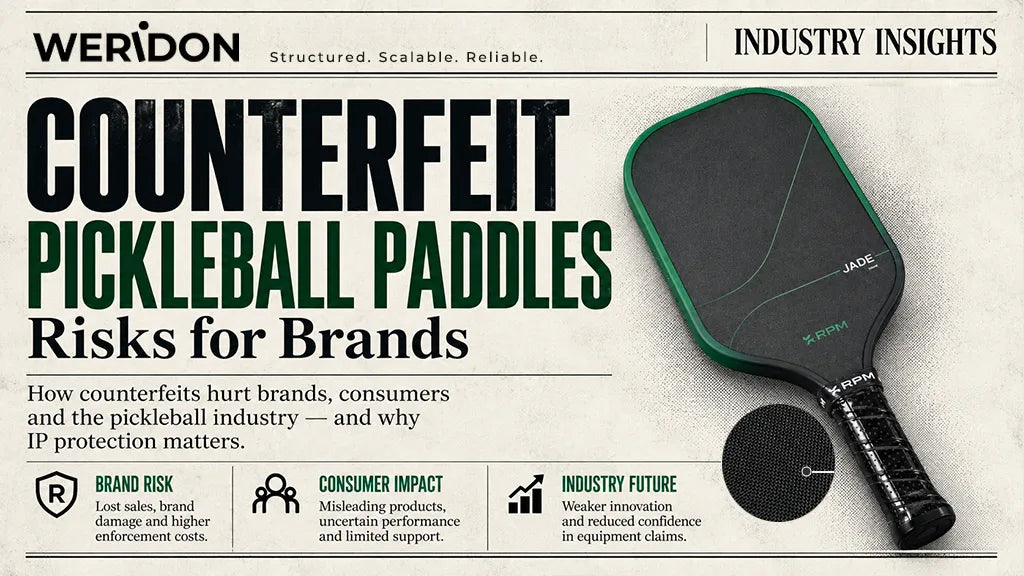 WERiDON Industry Insights cover featuring an RPM JADE pickleball paddle and highlighting counterfeit paddle risks to brands, consumers, and the industry.