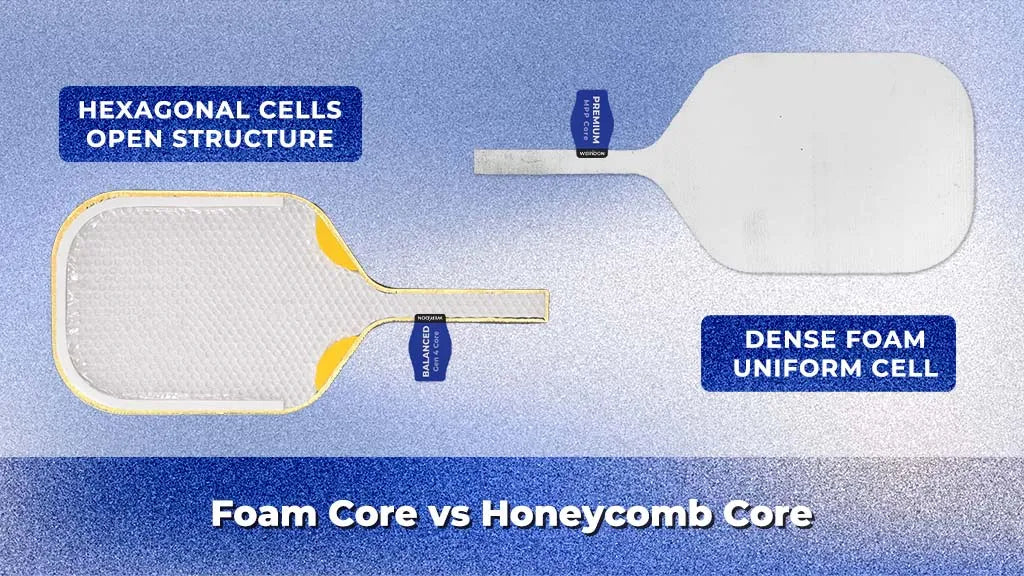 Cross-section comparison of foam core (continuous dense foam) and honeycomb core (hexagonal cells) for pickleball paddles