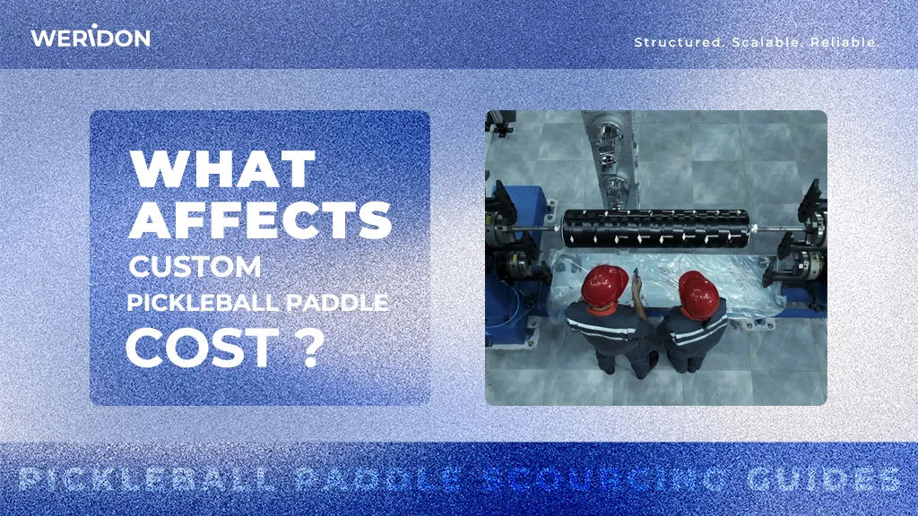 WERiDON guide to factors affecting custom pickleball paddle manufacturing costs, featuring a factory production scene