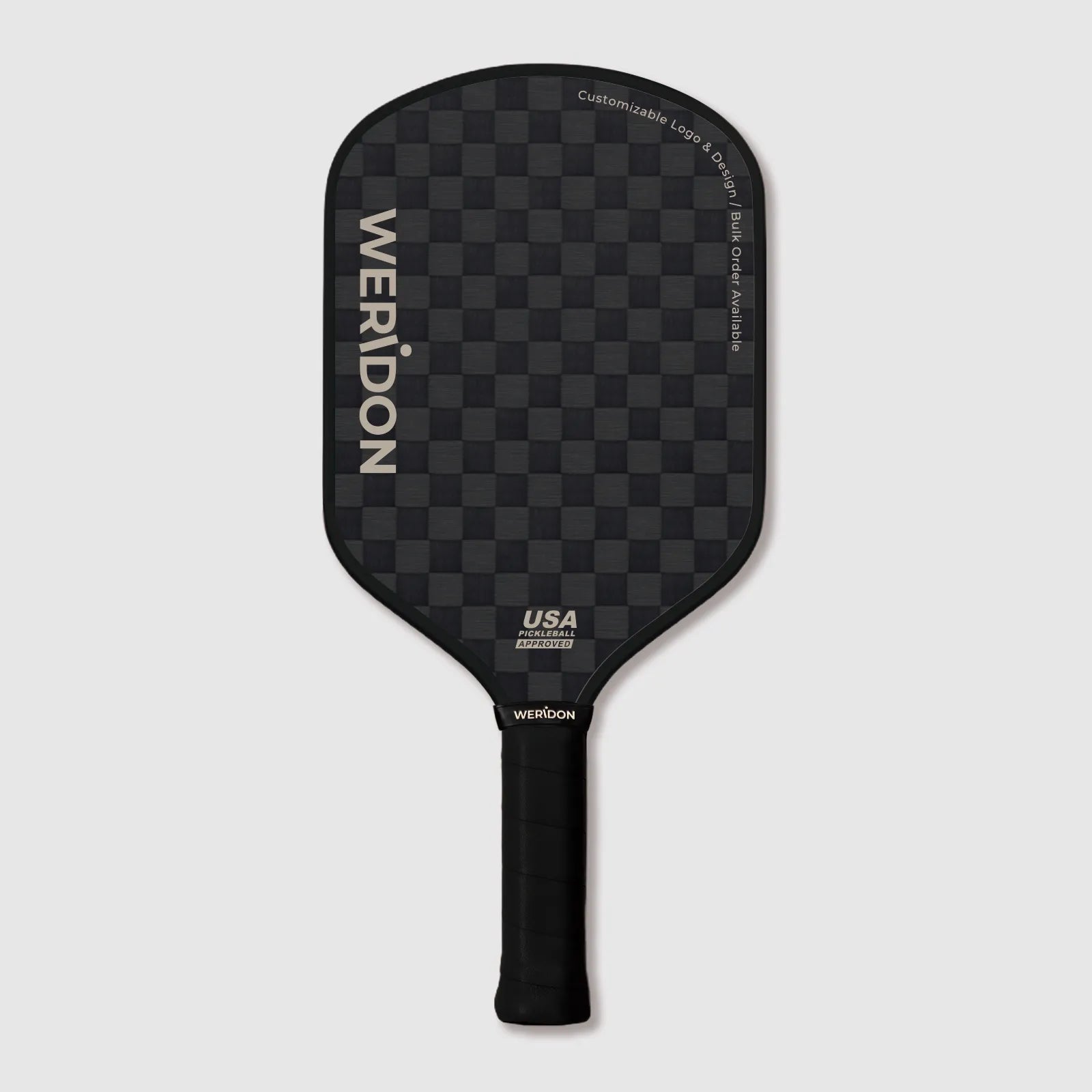 Black 12K carbon fiber pickleball paddle with 'WERIDON' branding on a light gray background