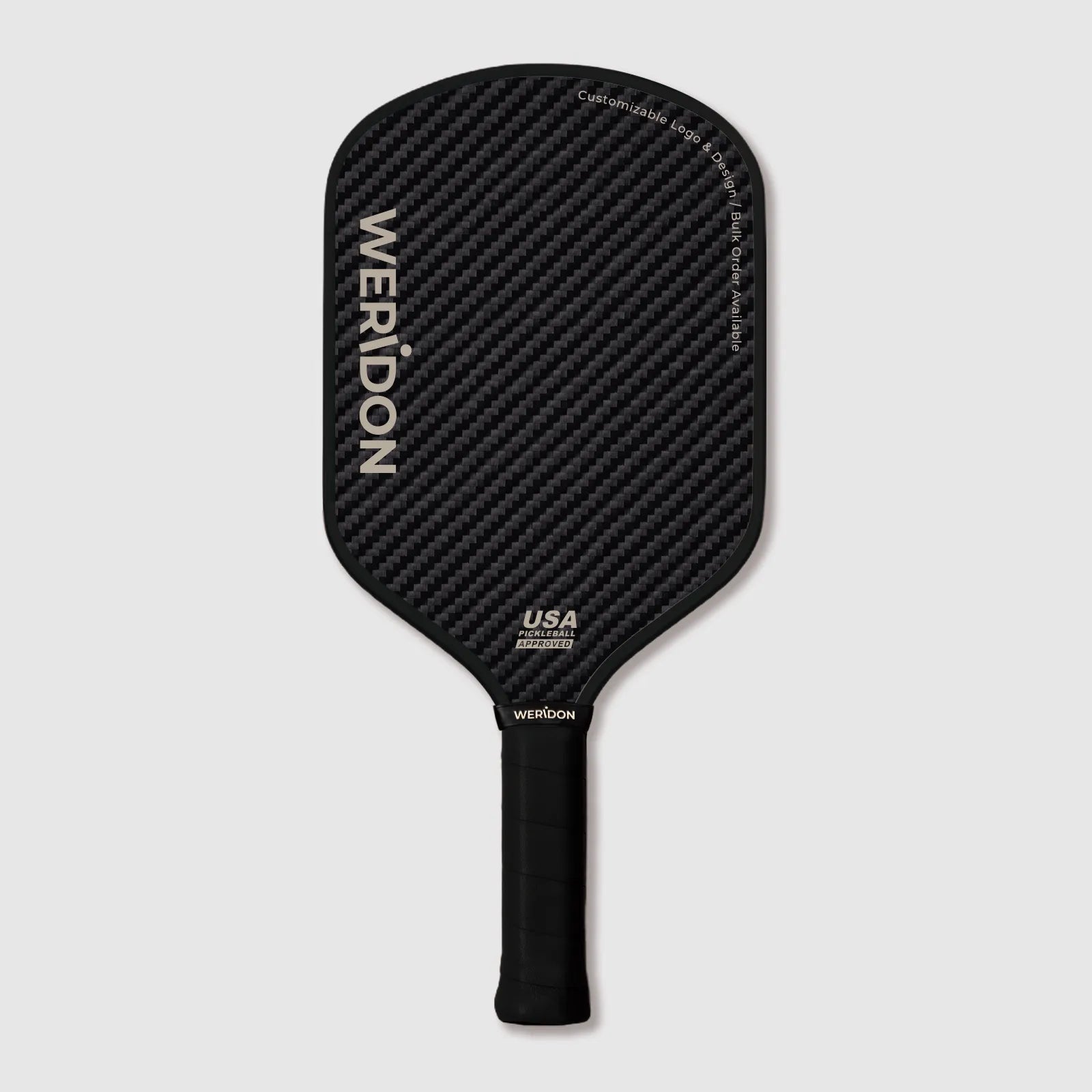 Black 3K carbon fiber pickleball paddle with 'WERIDON' branding on a light gray background