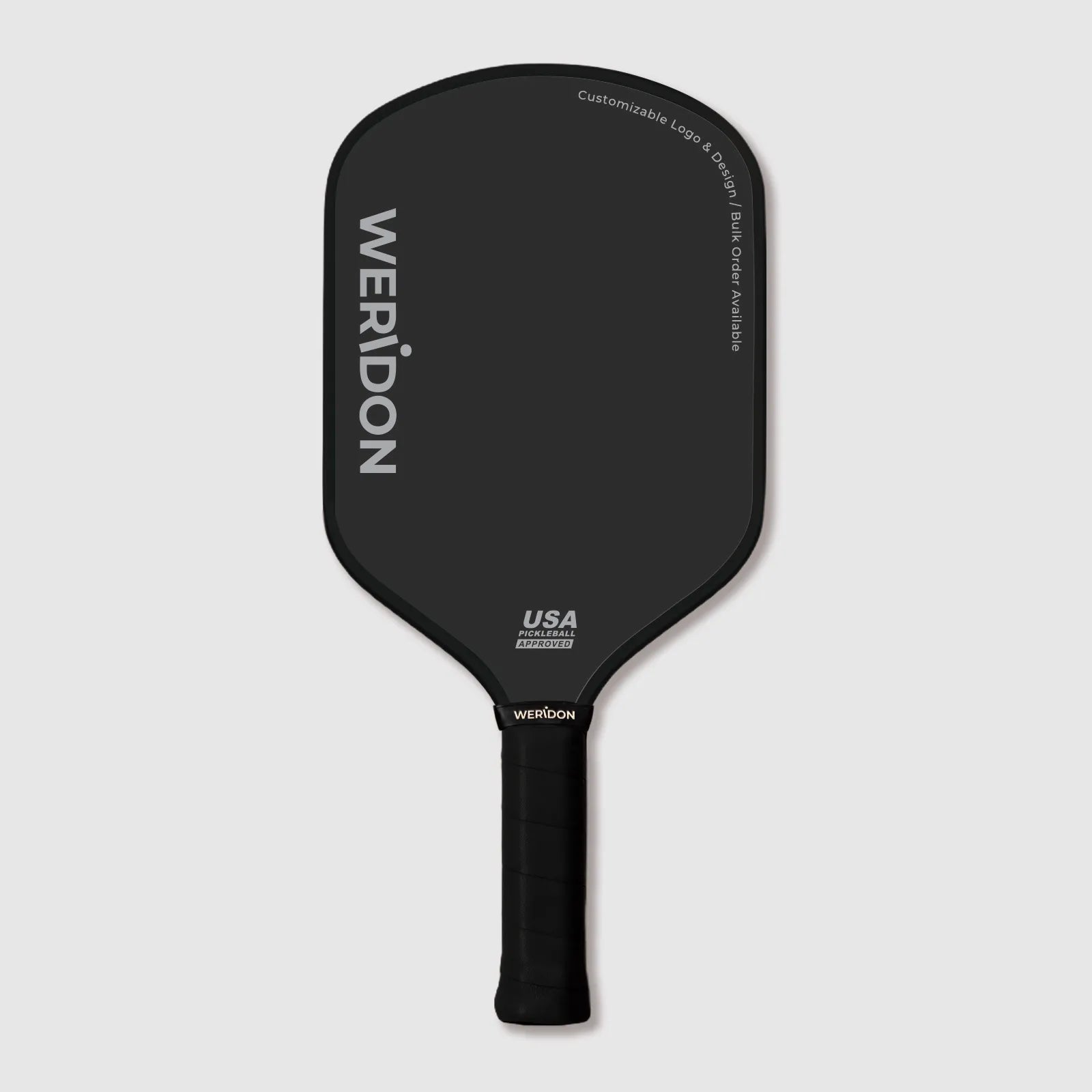 Custom thermoformed carbon fiber pickleball paddle round-top shape on white background