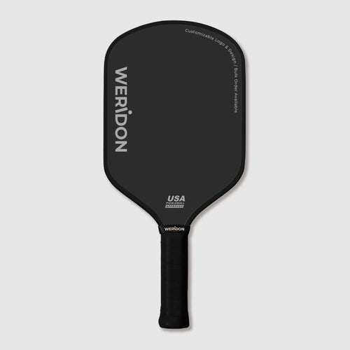 Custom thermoformed carbon fiber pickleball paddle round-top shape on white background