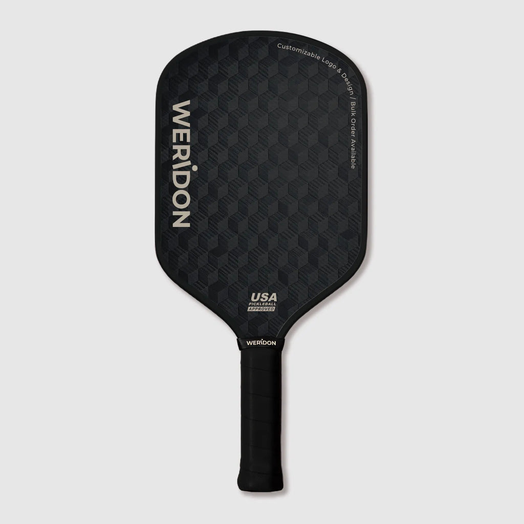 Black GeoCube carbon fiber pickleball paddle with 'WERIDON' branding on a light gray background
