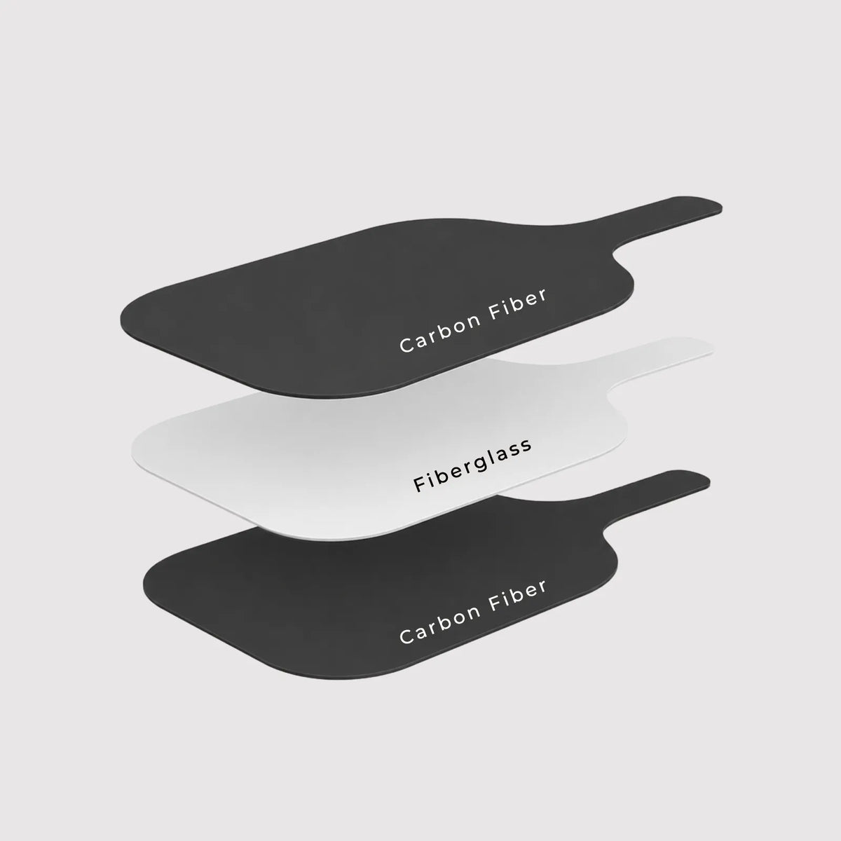Carbon fiber and fiberglass layers used in a pickleball paddle face material.