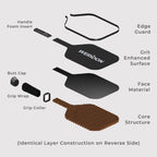 Exploded view of layered pickleball paddle construction with carbon fiber face and polymer honeycomb core