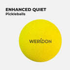 Yellow enhanced quiet low noise training pickleballs with 'WERiDON' branding on a white background
