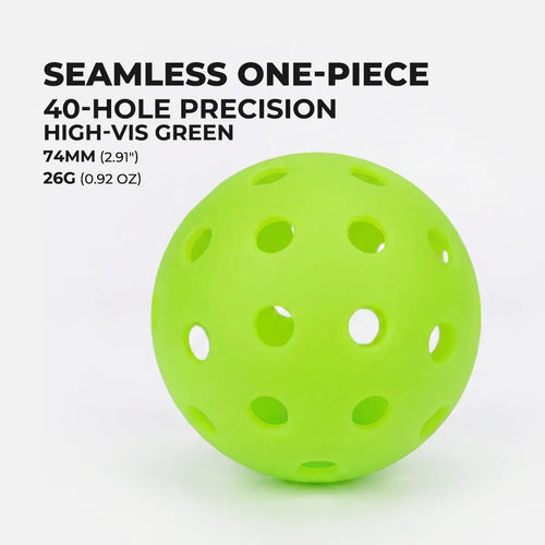 One-piece outdoor pickleball ball with text detailing its features on a white background