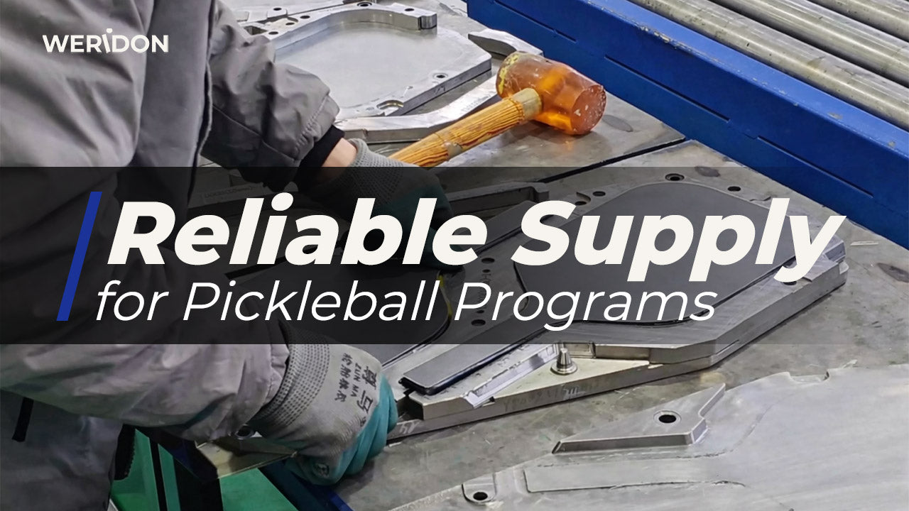 Person working on a metal surface with text about reliable supply for pickleball programs.