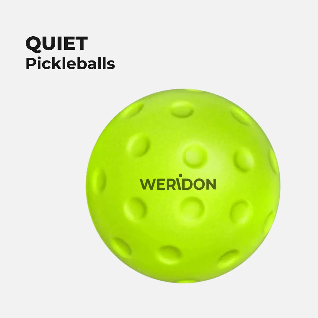 Green quiet low noise training pickleballs with 'WERiDON' branding on a white background